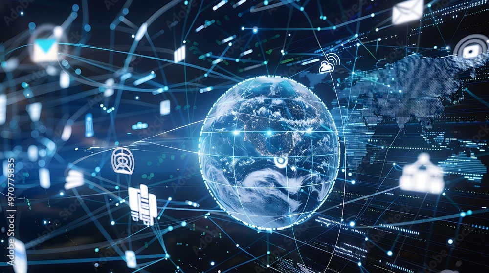 Poster a digital globe surrounded by interconnected lines representing global connectivity with icons of va