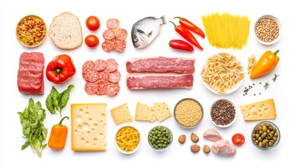 Bread cheese pasta and fish meat pepper and salad isolated on white background top view panorama collage. Balanced diet set of healthy meal food blog and delivery service of grocery products