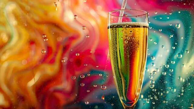 Champagne Bubbles in a Colorful Dream: A close-up shot of champagne being poured into a glass, capturing the moment of effervescence and joy. The vibrant, abstract background adds a layer of whimsy an