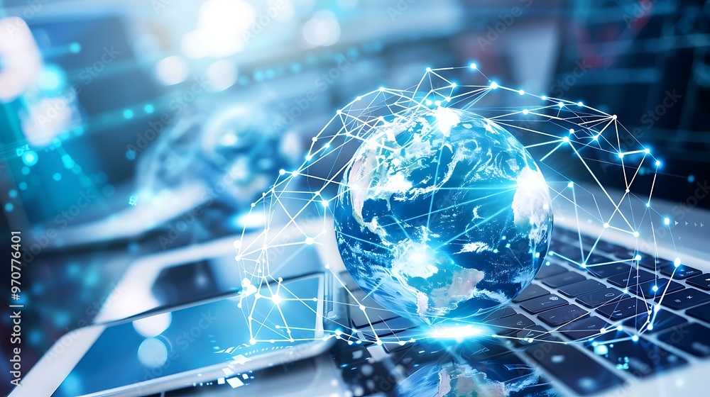 Poster a dynamic representation of a globe being connected by digital devices like laptops, smartphones, an