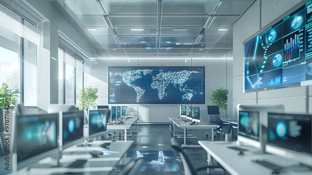 Poster a high-tech office with a focus on multiple screens displaying global data analytics, with graphs an