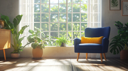 A sunny living room with big windows. A comfortable yellow and blue armchair is the focal point. This 3D image shows a simple, relaxing space.