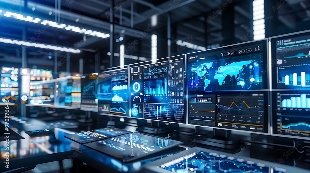 Poster a high-tech office with a focus on multiple screens displaying global data analytics, with graphs an