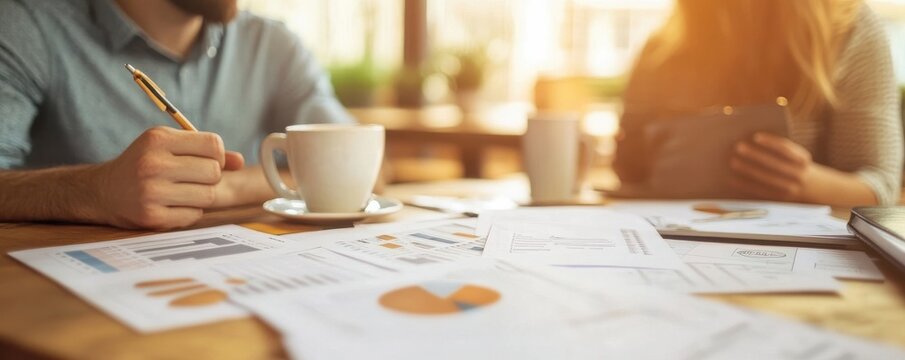Close-up of a couple discussing their tax refund over a coffee, using a digital tablet and paperwork for analysis - Powered by Adobe