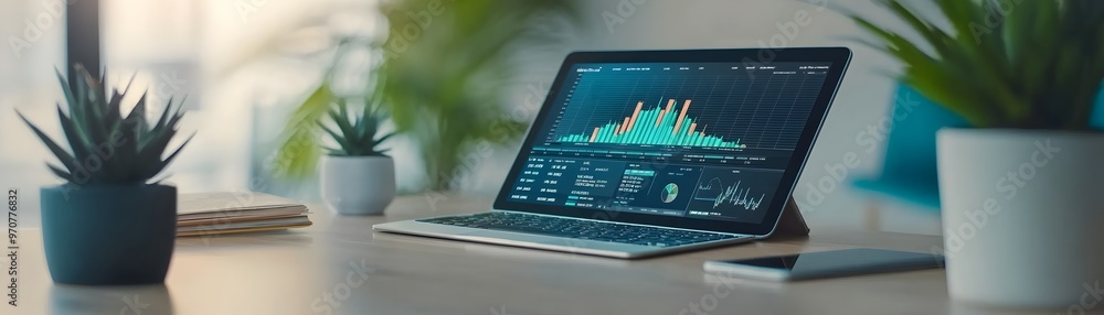 Poster minimalist workspace with tablet displaying asset allocation charts in bold colors symbolizing moder