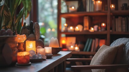 A serene past life regression therapy office filled with calming colors, spiritual books, and soft ambient lighting