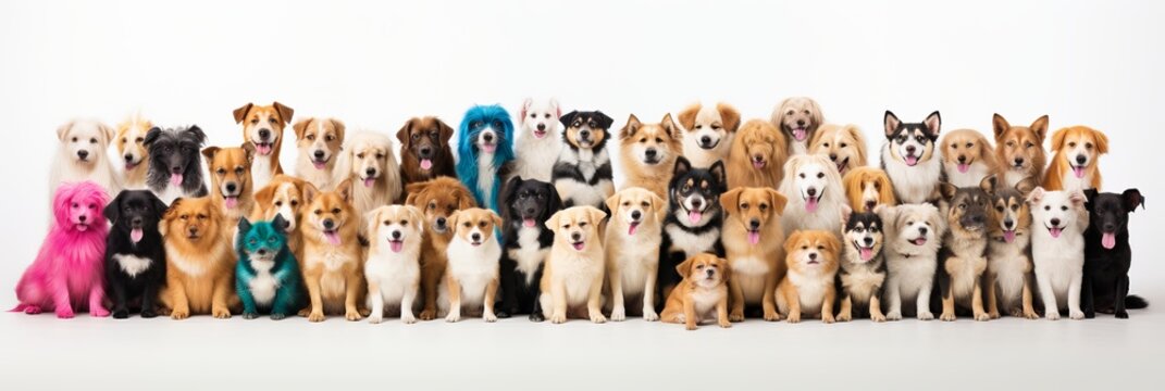 A vibrant gathering of dogs showcasing diverse breeds, colors, and personalities in a fun atmosphere