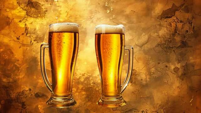 Golden Hour Cheers: Two overflowing beer steins bask in a warm, inviting glow, set against a rustic backdrop that whispers of good times and camaraderie. 
