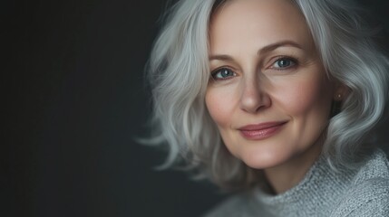 Fototapeta premium Elegant portrait of a smiling middle-aged woman with silver hair