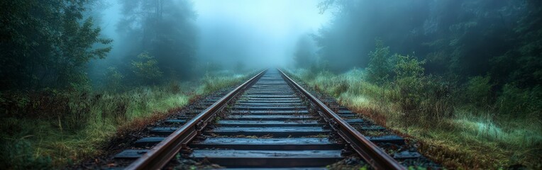 Fototapeta premium Mysterious Train Tracks Through Misty Forest