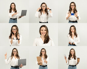 A young woman wearing glasses is actively engaging with multiple tools and expressions. She holds a laptop, gestures thoughtfully, and poses with various items like a phone and clipboard
