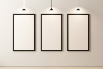 Three verticle blank black frame empty white canvas with ceiling spot light on beige wall 3D art display mockup