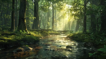 Obraz premium Serene forest with tall, ancient trees, a tranquil stream running through, and dappled sunlight filtering through the canopy