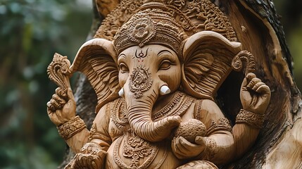 Fototapeta premium Carved Wooden Statue of Ganesha in a Tree