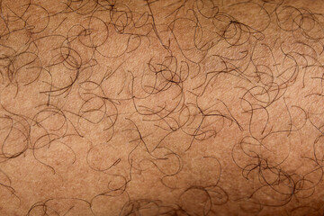 The skin texture of an Asian man's legs is brown in color with hair on his legs