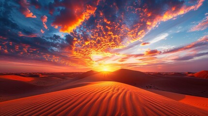 Breathtaking sunset over a vast desert landscape with golden dunes and a colorful sky