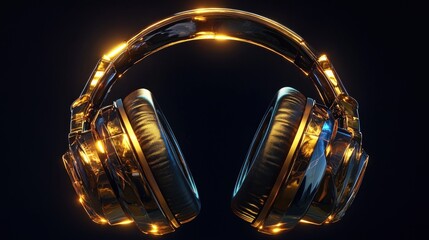 Golden headphones with a shiny finish against a black background.