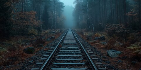 Fototapeta premium Mysterious Train Tracks Through Misty Forest