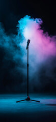 Microphone standing on an empty stage with colorful light and smoke. Mic on a stage