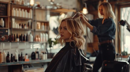 Beautiful blonde model woman in the hairdresser salon gets a new haircut, sitting on the chair and talks to the hairstylist