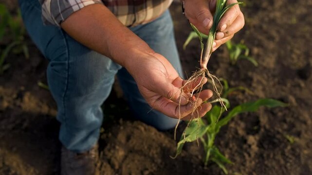 Top view of senor farmer hands examining corn root in field at sunset.