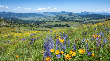 Fototapeta premium Rolling hills covered in wildflowers with a clear sky and distant mountains