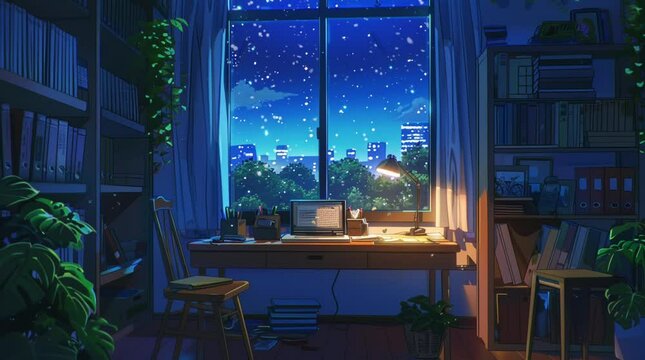 Learning desk by a window in a quiet room at night, illuminated by soft light, creating a focused and serene atmosphere for studying Seamless looping 4k time-lapse virtual video animation Generated AI
