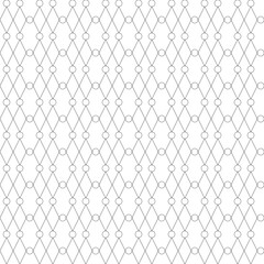 Grid, lattice, black outline on a white background. Rhombus shapes and circles. Seamless pattern. Geometry background, texture, design template. Convenient for coloring.