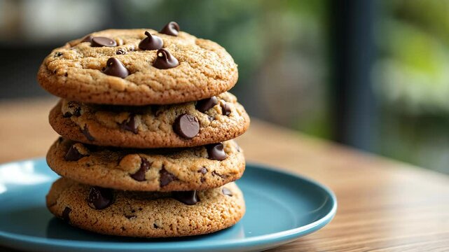 Homemade chocolate chip cookies stacked on a blue plate in a cozy kitchen setting