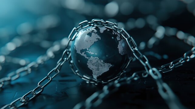 Global sanctions concept with earth wrapped in chains - stock image for editorial use