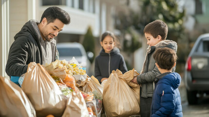 Families participating in a neighborhood food drive by donating bags of groceries on a sunny day