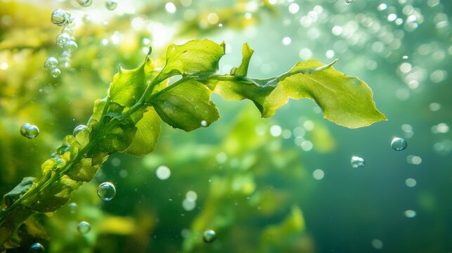 Green seaweed ulva lactuca algae swing underwater with bubbles.