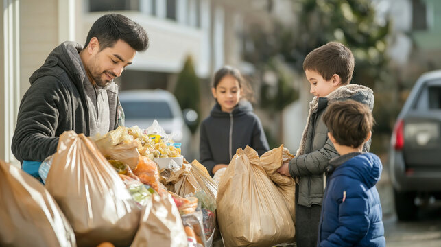 Families participating in a neighborhood food drive by donating bags of groceries on a sunny day