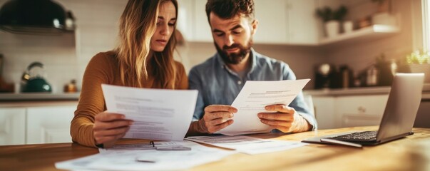 Focused couple carefully reviewing tax documents together at home in a cozy setting with soft lighting. Financial planning and teamwork concept.