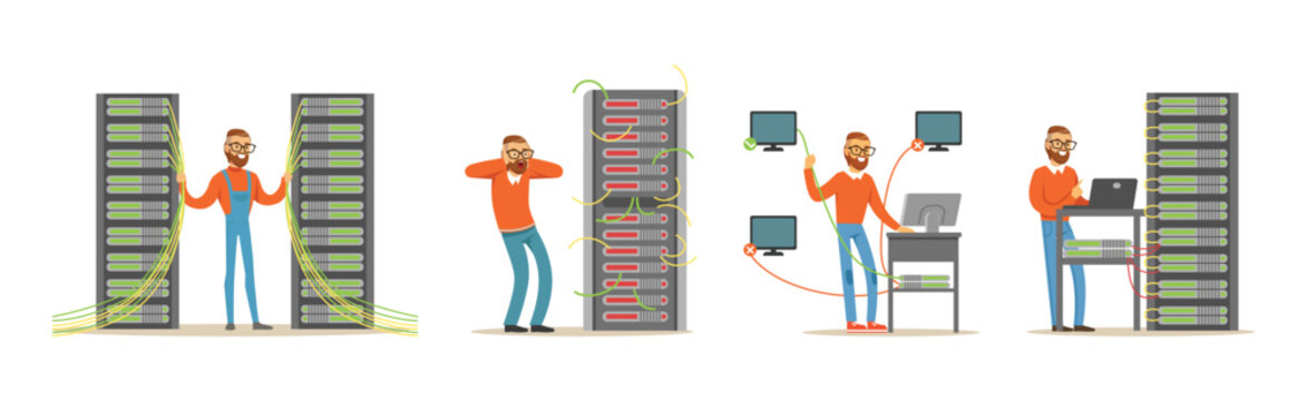 Young Man Sysadmin Character Working on Computer Doing Technical Work with Server Vector Set