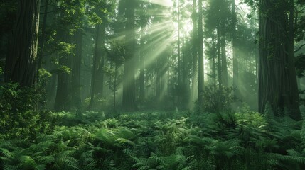 Fototapeta premium Ancient redwood forest with towering trees, misty atmosphere, and a forest floor covered in ferns