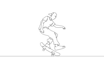 Fototapeta premium Continuous one line drawing skateboarder on a skateboard. Extreme sport. Skateboarder in a jump. Dangerous trick. One continuous line isolated minimal illustration.