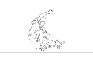 Fototapeta premium Continuous one line drawing skateboarder on a skateboard. Extreme sport. Skateboarder in a jump. Dangerous trick. One continuous line isolated minimal illustration.