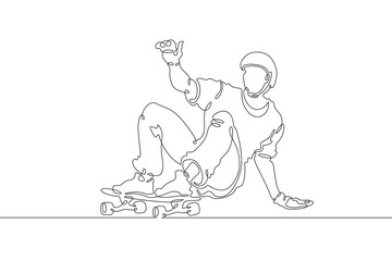 Continuous one line drawing skateboarder on a skateboard. Extreme sport. Skateboarder drifts around a turn. One continuous line isolated minimal illustration.