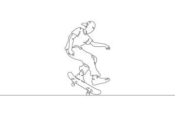 Continuous one line drawing skateboarder on a skateboard. Extreme sport. Skateboarder in a jump. Dangerous trick. One continuous line isolated minimal illustration.