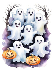 Obraz premium Adorable Ghosts with Jack-o'-Lantern Pumpkins | Cute Halloween-Themed Design for Invitations, Posters, and Cards | Fun and Playful Ghosts for Spooky Halloween Art