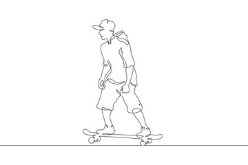Fototapeta premium Continuous one line drawing skateboarder on a skateboard. Extreme sport. Skateboarder goes for a ride. One continuous line isolated minimal illustration.