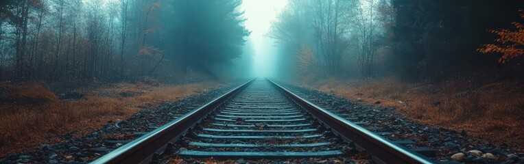 Fototapeta premium Mysterious Train Tracks Through Misty Forest