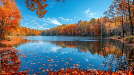 Obraz premium Picturesque autumn landscape with vibrant foliage, a peaceful lake, and a crisp blue sky