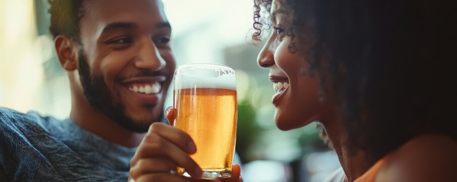Romantic couple enjoying a sunset moment together with drinks, sharing smiles and happiness