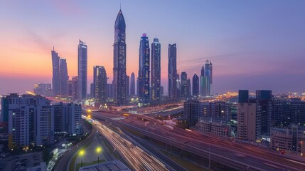 Modern city skyline with towering skyscrapers, bustling streets, and vibrant city lights at dusk