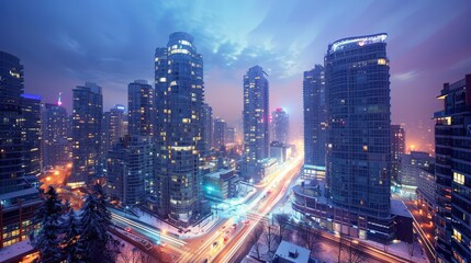 Fototapeta premium Modern city skyline with towering skyscrapers, bustling streets, and vibrant city lights at dusk