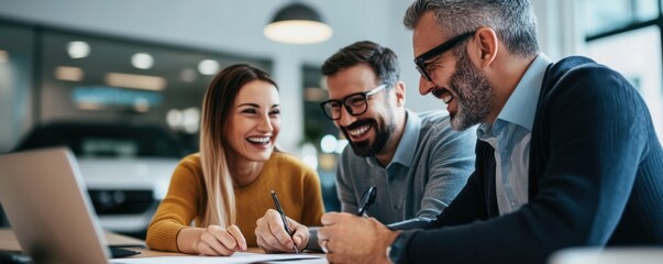 Happy couple sitting with car sales representative discussing vehicle purchase in a bright dealership showroom