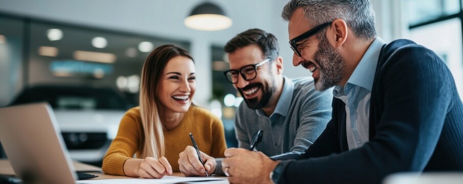 Happy couple sitting with car sales representative discussing vehicle purchase in a bright dealership showroom
