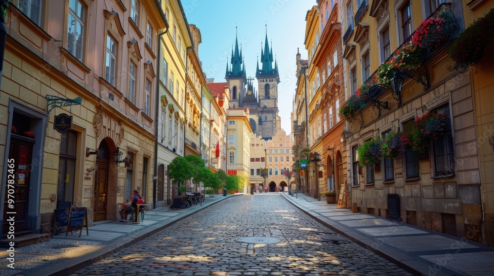 Wall mural historical city center with charming old architecture, cobblestone streets, and lively street cafes